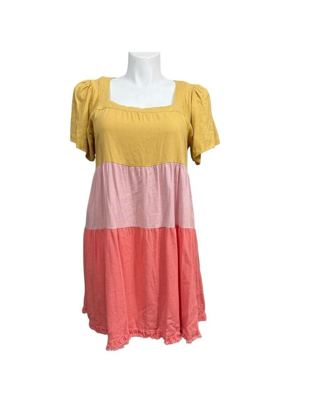 Umgee USA Colorblock Linen Blend Dress Size Large Yellow Pink Coral